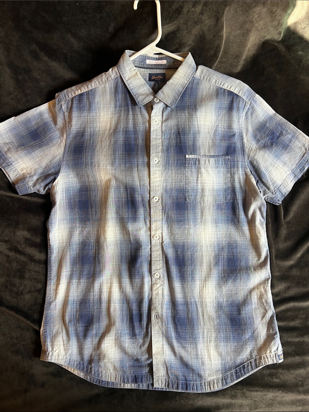Good Man Men's Short-Sleeve Blue Plaid Button-Up Shirt Cotton Slim Fit